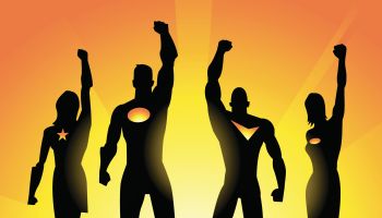 Superheroes Team Raising Fist in Silhouette