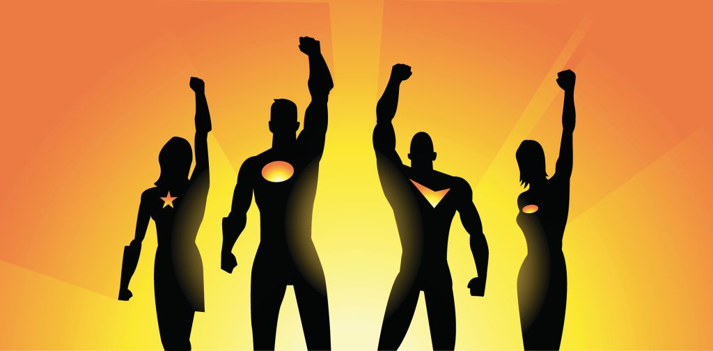 Superheroes Team Raising Fist in Silhouette