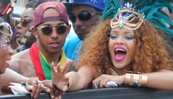 Rihanna and Lewis Hamilton are pictured partying during Barbados' Kadooment Day Parade