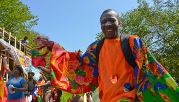 A brightly-colored dancer struts in the parade. Massive...
