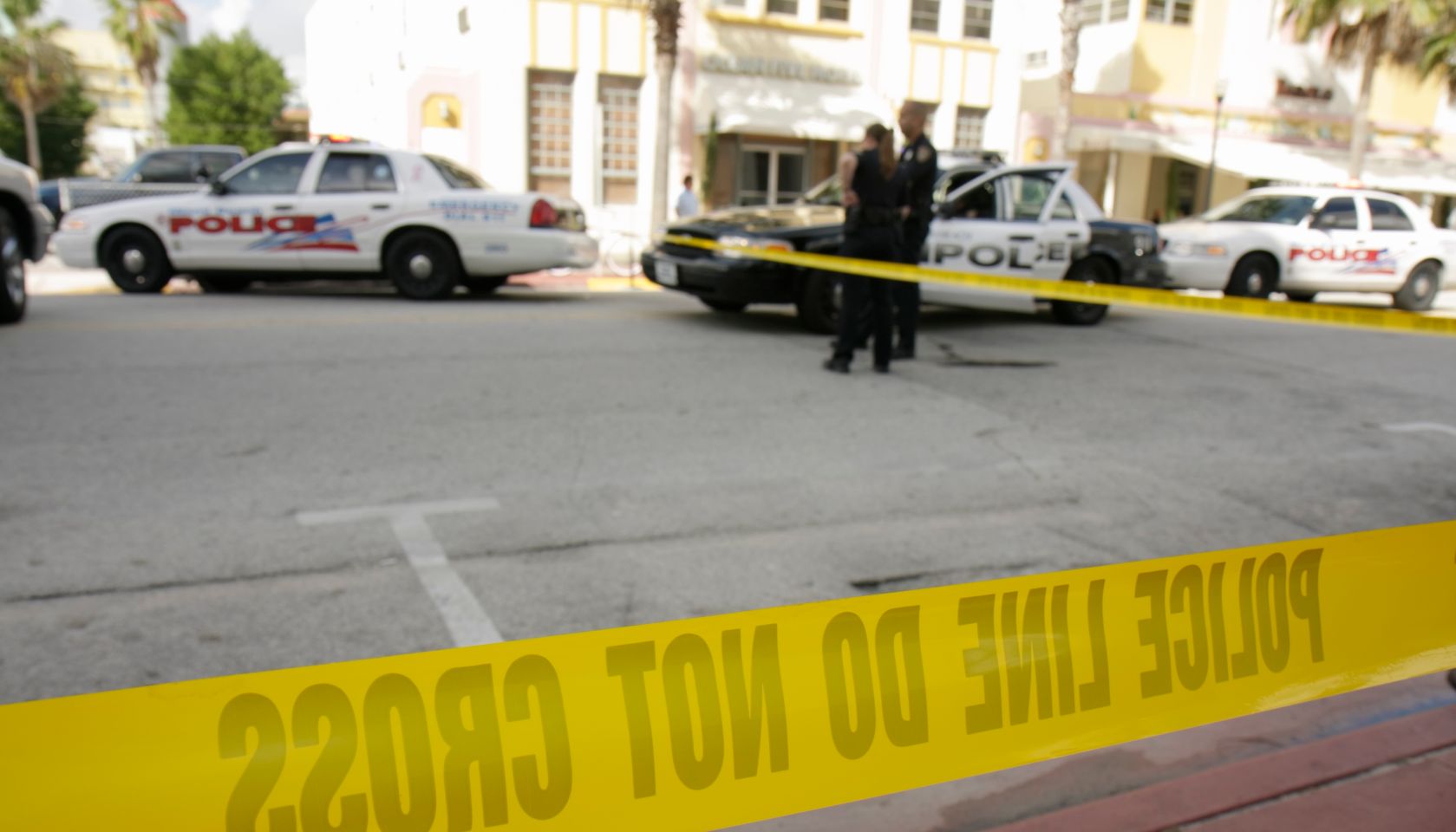 Police tape at an accident scene on Ocean Drive.