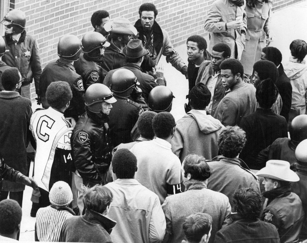 NOV 2 1969; Disturbance Mars CSU Football Game; Several helmeted Colorado State University policemen