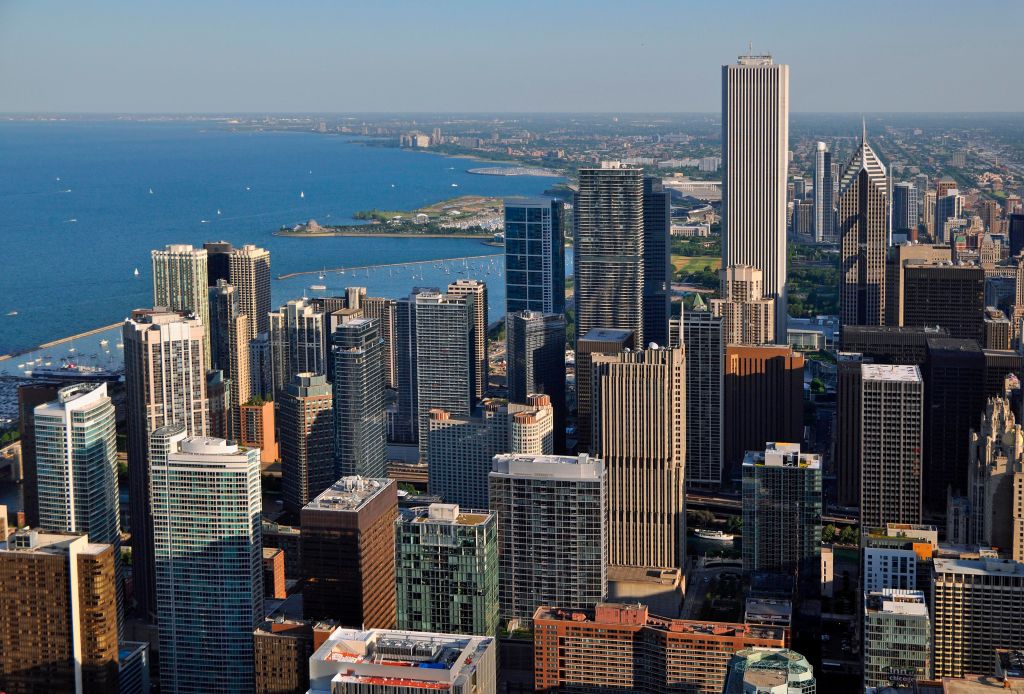 Chicago skyline and Lake Michigan, view from John Hancock Center, Chicago, Illinois, United States of America