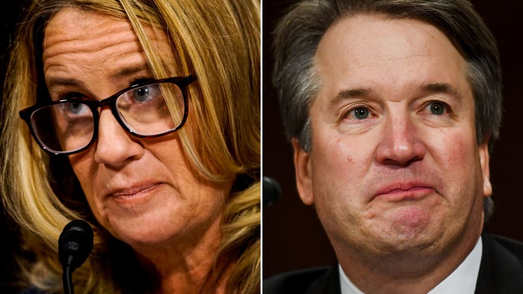 Left - Christine Blasey Ford at a Senate Judiciary Committee he