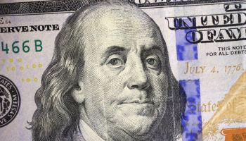 Benjamin Franklin portrait on a one hundred dollar bill, close up