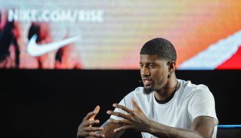 Paul George of the Indiana Pacers, makes hand gestures...