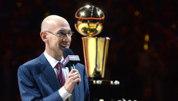 NBA Commissioner Adam Silver talks to the crowd attending the Golden State Warriors ring ceremony held before the season opener against the New Orleans Pelicans at Oracle Arena in Oakland, Calif., on Tuesday, Oct. 27, 2015. The event also featured the rai