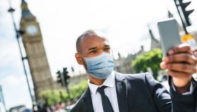 businessman in london with mask