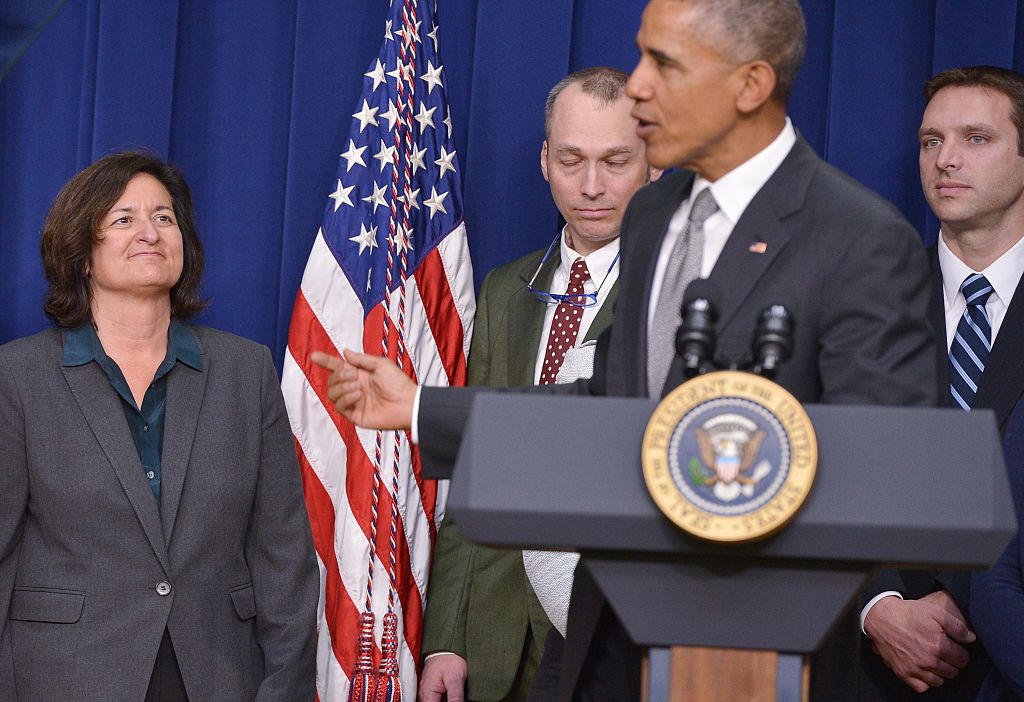 President Barack Obama points out Patagonia CEO Rose Marcario at Champions of Change event.