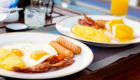 American Breakfast With Sunny Side Up Eggs, Bacon