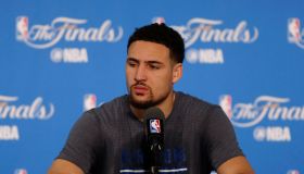 Golden State Warriors' Klay Thompson (11) listens to a question during media day the day before Game 1 of the NBA Finals at Oracle Arena in Oakland, Calif., on Wednesday, June 1, 2016. (Nhat V. Meyer/Bay Area News Group)