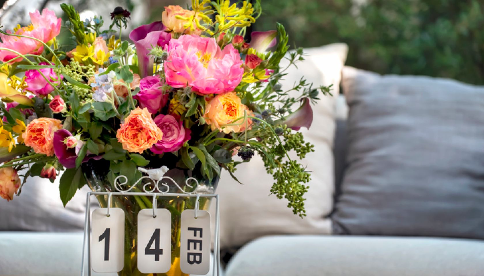 Beautiful flowers in a vase for Valentine’s Day.