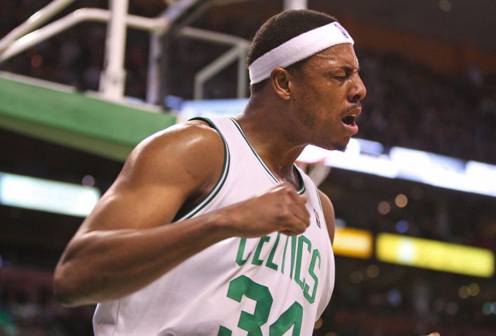 (011810 Boston, MA) Boston Celtics forward Paul Pierce celebrated drawing a foul while dropping two points in the first quarter at TD Garden on Monday, January 18, 2010. Staff Photo by Matthew West.
