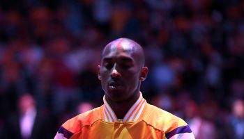 LOS ANGELES, CA, TUESDAY, OCTOBER 28, 2014 - Lakers guard Kobe Bryant listens as the National Anthem