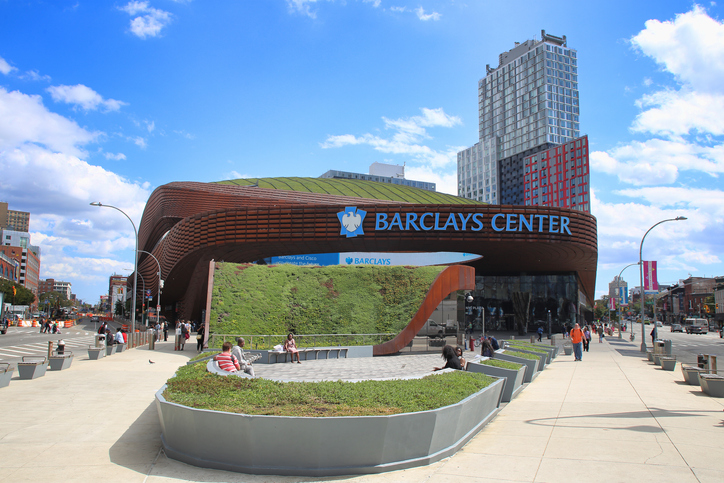 View of the Barclays Center indoor Arena on Atlantic Avenue in Brooklyn, part of the complex now known as Pacific Park. Brooklyn, New York City, USA