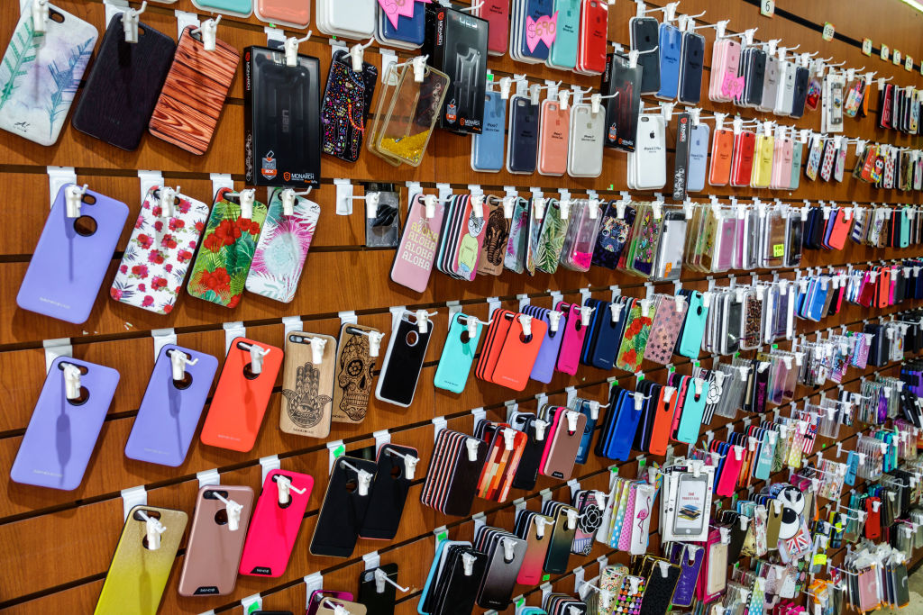 Argentina, Buenos Aires, Antigua Belgrano, display of smart phone covers for sale
