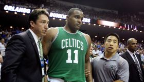 (052610 Orlando, FL ) Boston Celtics forward Glen Davis is taken off the court after getting injured in the second half of Game 5 of the Eastern Conference Semifinals NBA basketball game against the Orlando Magic at the Amway Arena Wednesday, May 26