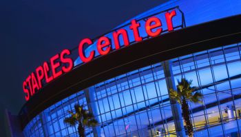 The Staples Center at night.