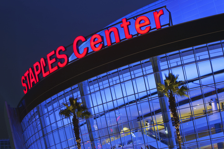 The Staples Center at night.