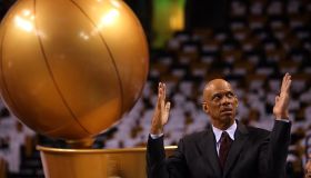 (060508 Boston, MA) Kareem Abdul-Jabbar gestures in front of the trophy before Game 1 of the NBA finals basketball series between the Celtics and the Los Angeles Lakers at the TD Banknorth GardenThursday, June 5, 2008. Staff Photo by Matt Stone