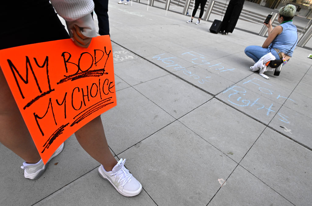 Demonstrators protest in downtown Los Angeles that the U.S. Supreme Court could be poised to overturn the landmark 1973 Roe v. Wade.