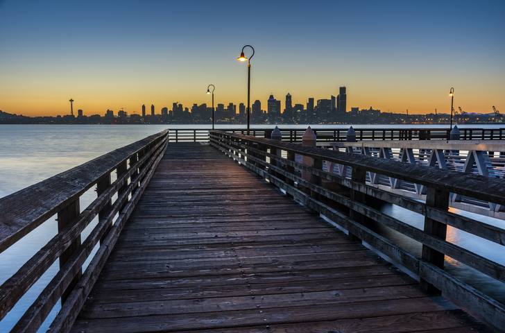 Wooden pier and skyline at dawn, Alki Beach, Seattle, Washington State, United States of America, North America