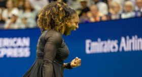 Serena Williams pumps fist in first-round action at her final US Open Tennis Championships