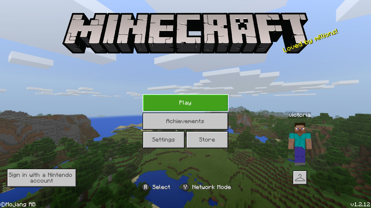 Screenshot from Minecraft on the Nintendo Switch system. The screen shows the title page of the video game.