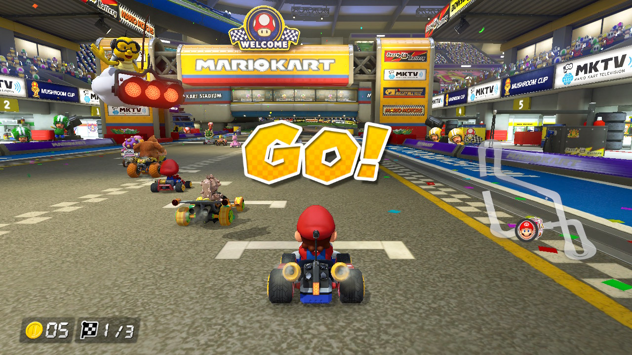 Screenshot of Mario Kart on the Nintendo Switch. The screen shows Mario at the starting line.