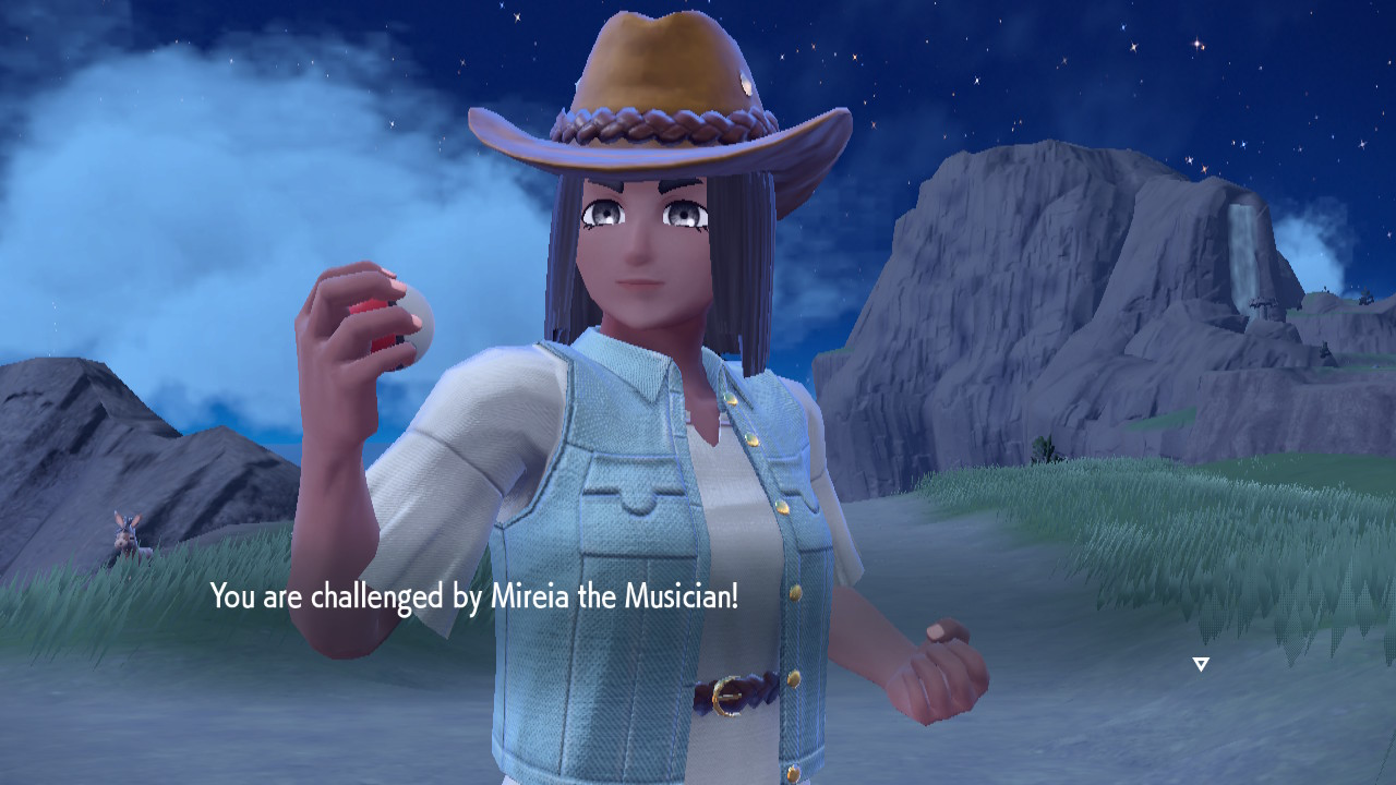 Screenshot image of Pokémon Scarlet and Pokémon Violet video game on the Nintendo Switch system. The screenshot shows a Pokémon Trainer named Mireia the Musician challenging the player to a Pokémon battle.