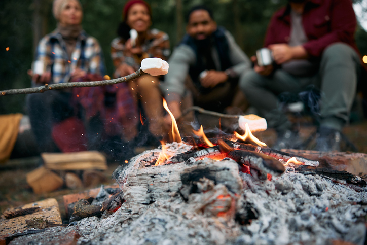 Close up of roasting marshmallows over bonfire on camping.