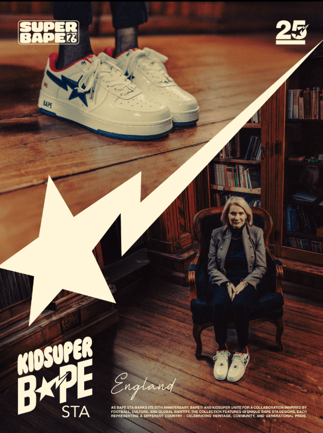 A person sitting in a chair in a room with bookshelves, wearing white sneakers with a blue star logo. The text "KIDSUPER BAPE STA" and "England" is visible.