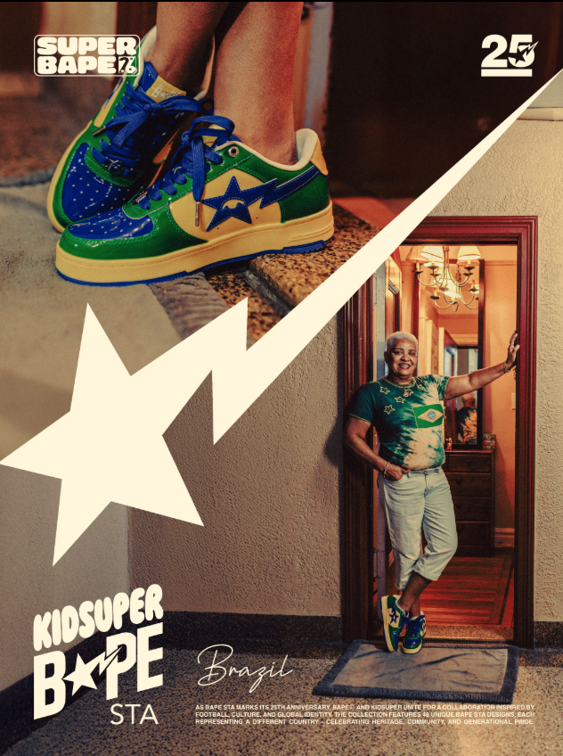 A person wearing colorful sneakers with a star logo stands in a doorway, surrounded by a graphic design with the text "Kidsuper Bape STA".