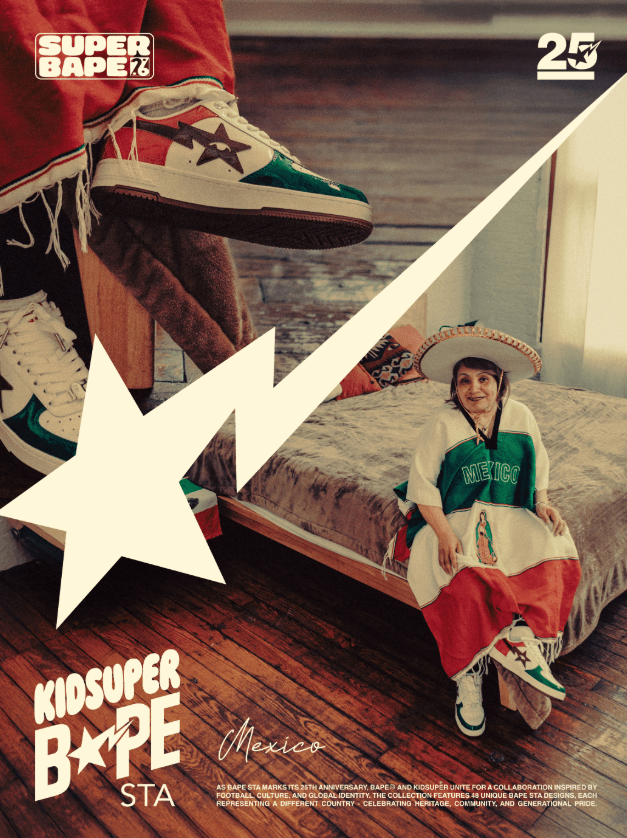 A person wearing a red "Super Bape" shirt and colorful sneakers sits on a bed with a "Mexico" jersey and Mexican-inspired decor.