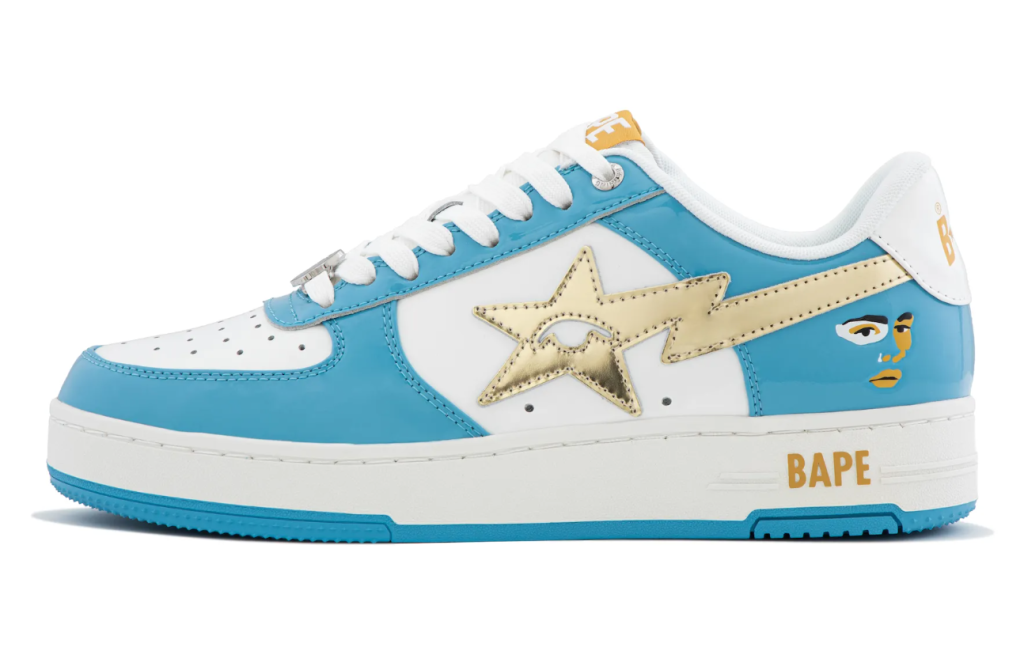 Colorful sneakers with a large star logo and "BAPE" text on the side.