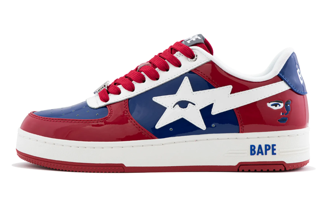 Red and blue sneakers with a white star design and the text "BAPE" printed on the side.