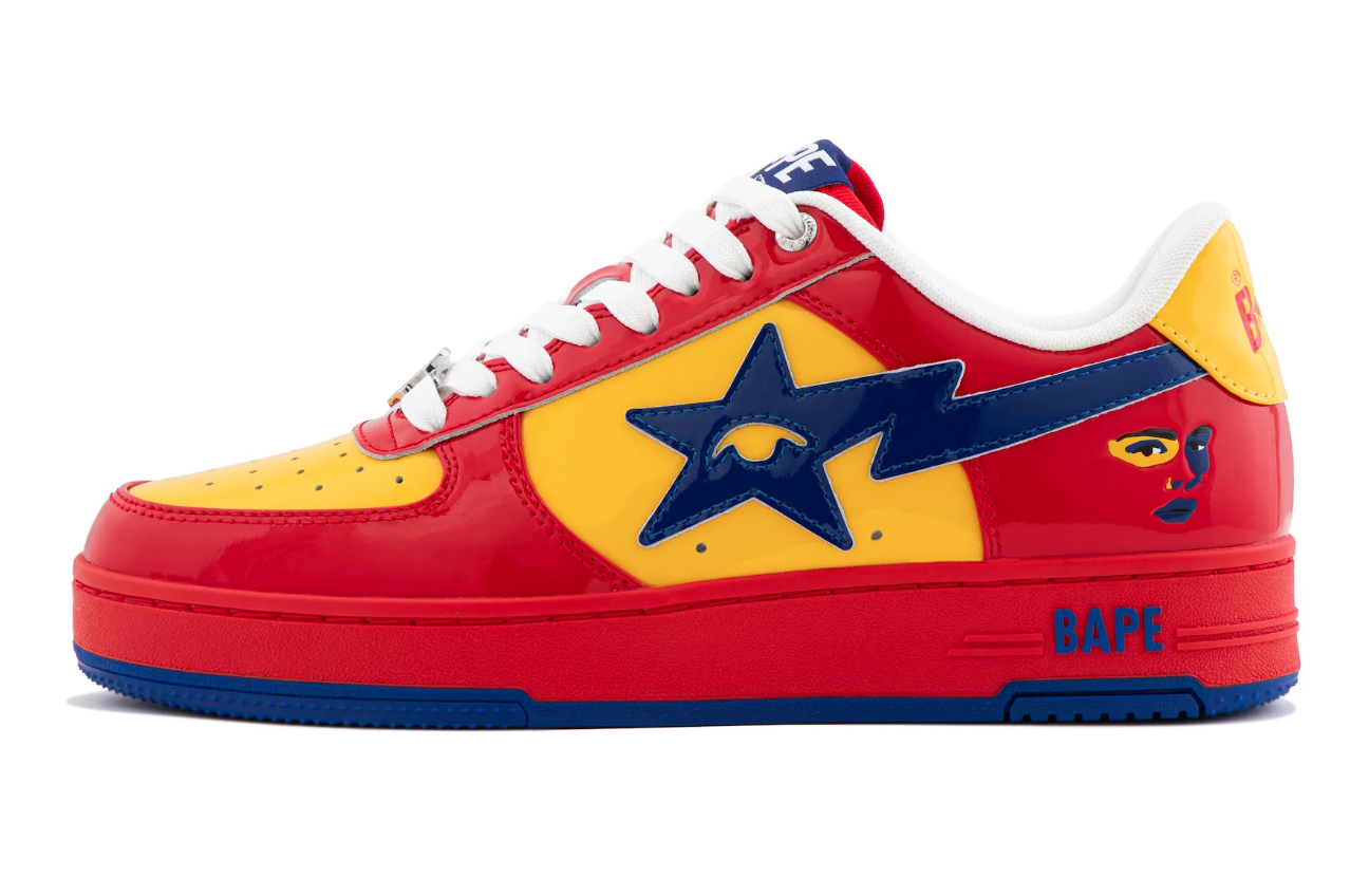 Colorful sneaker with red, yellow, and blue design featuring a star logo and "BAPE" text.