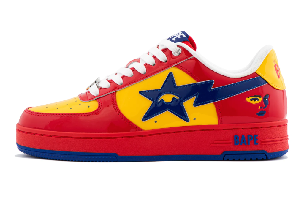 Colorful sneaker with red, yellow, and blue design featuring a star logo and "BAPE" text.