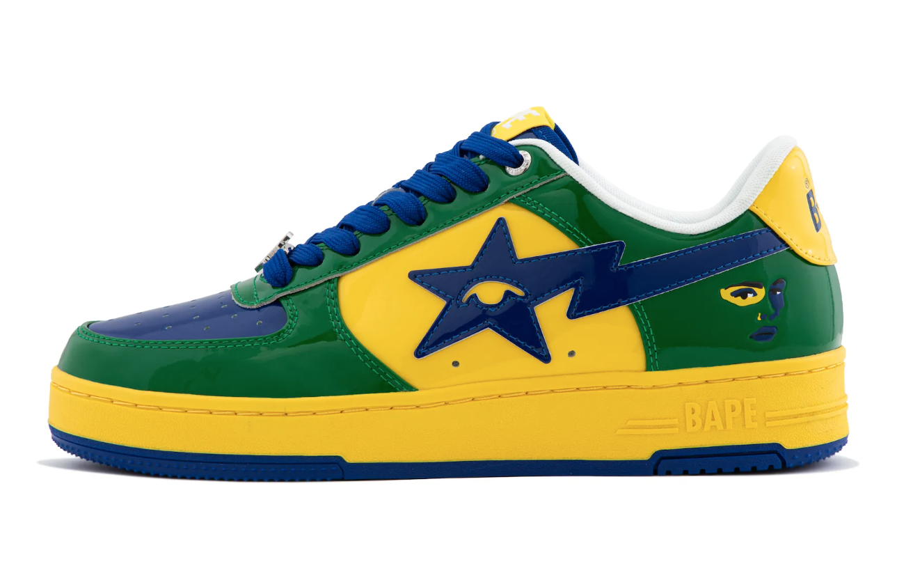 Colorful sneaker with green, yellow, and blue design featuring a star logo.