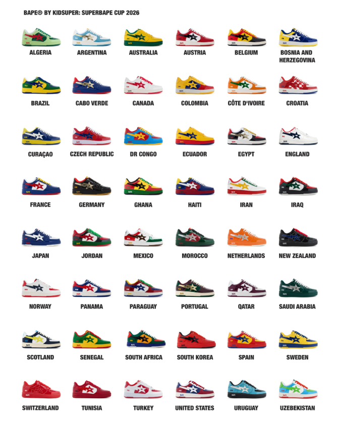 Colorful sneakers representing different countries for the Superbape Cup 2026, designed by Kidsuper.