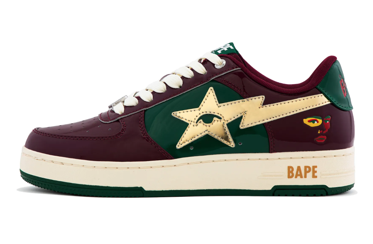Burgundy and green sneakers with a yellow star logo and "BAPE" text.