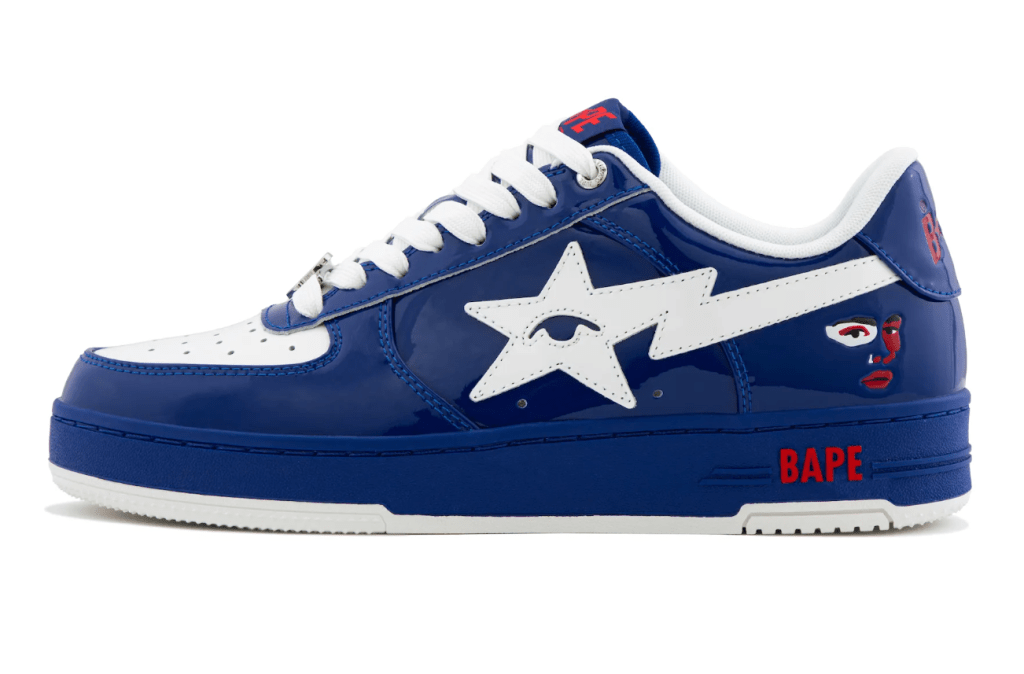 Blue and white sneaker with a star logo and "BAPE" text