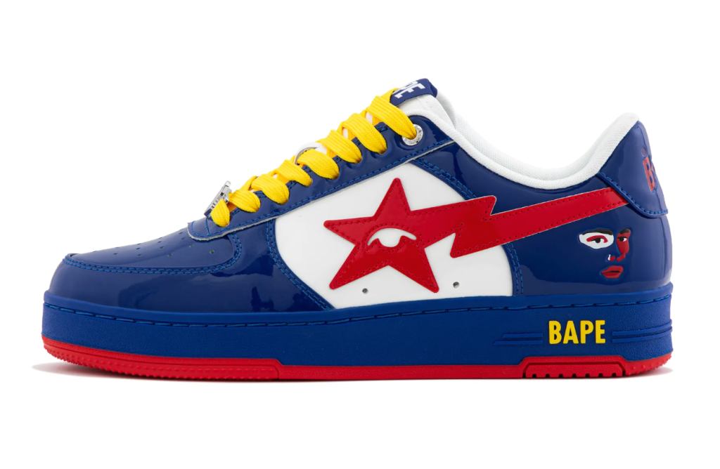Blue and white sneaker with red star and "BAPE" text