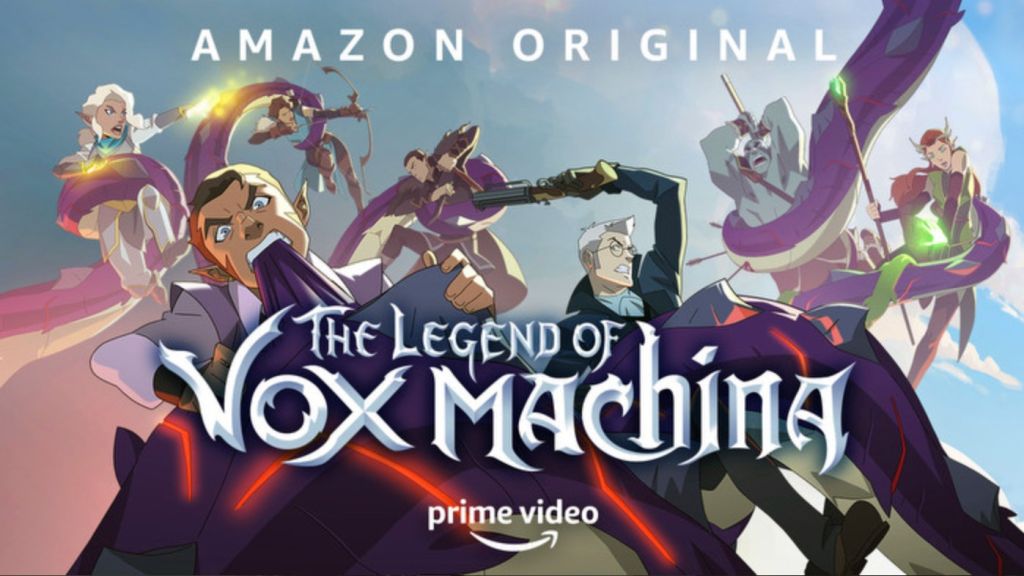 Animated poster for the Amazon Original series "The Legend of Vox Machina", featuring a group of fantasy characters in action poses.