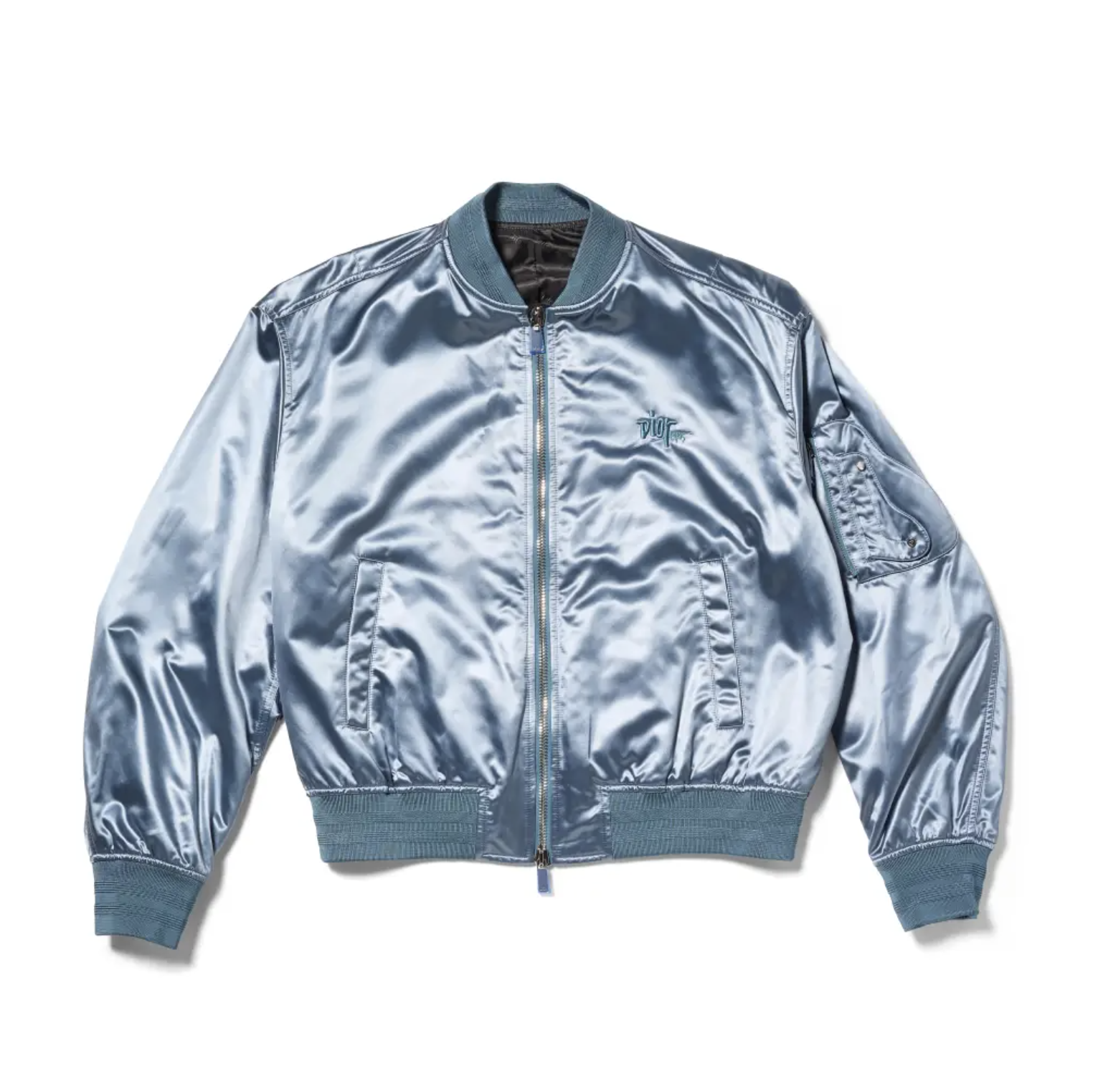 A silver satin bomber jacket with a zipper and ribbed cuffs and hem.
