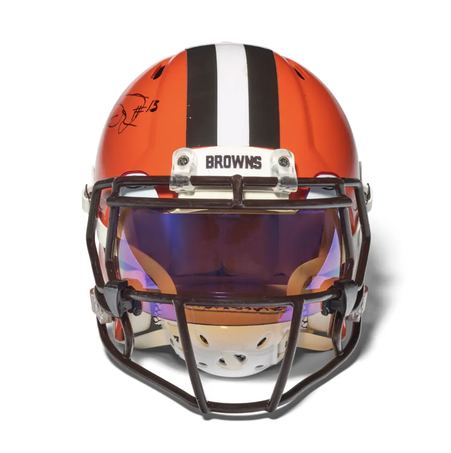 Orange football helmet with black stripes and Browns logo