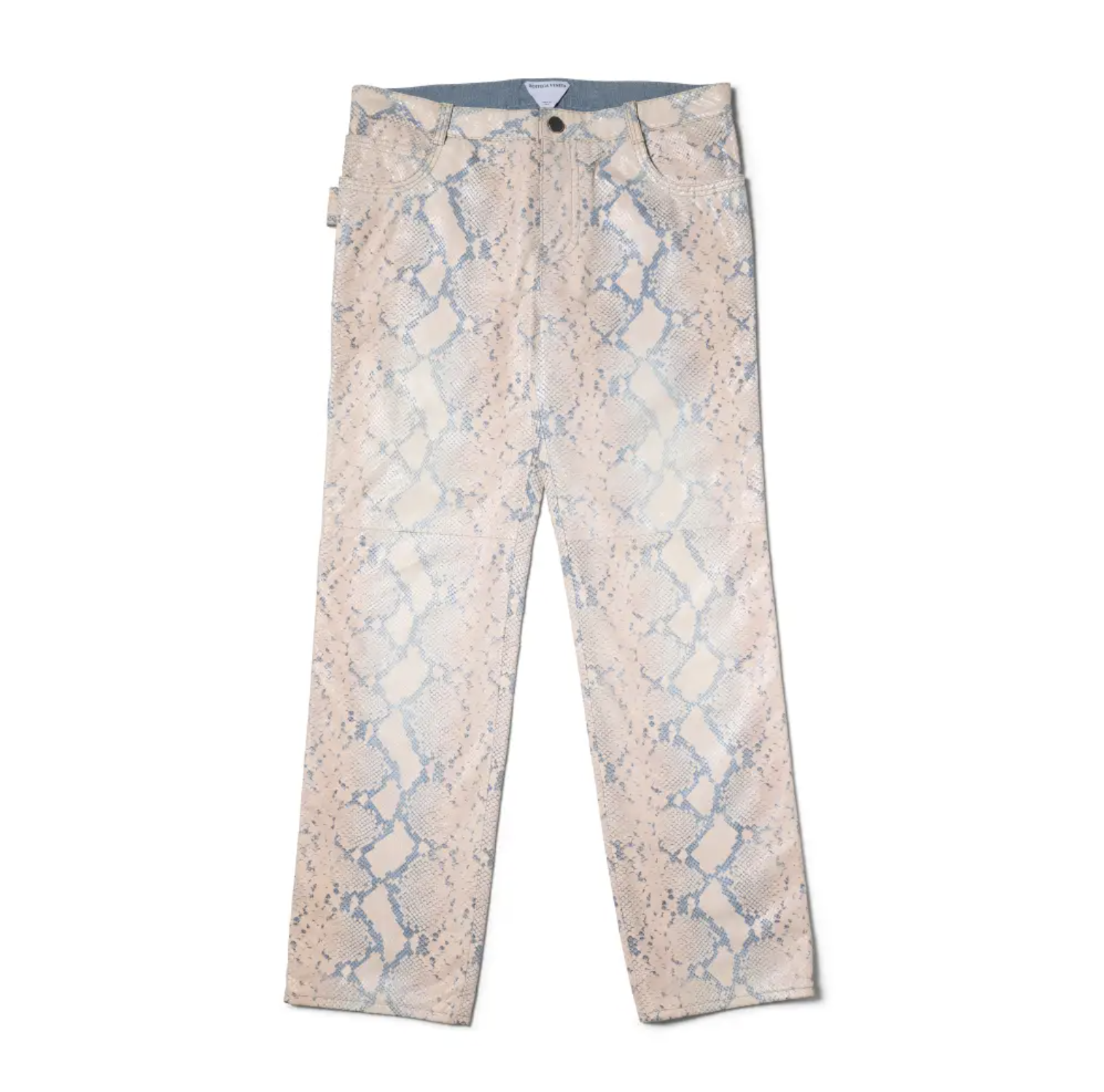 Pair of light-colored pants with a snakeskin-like print pattern.