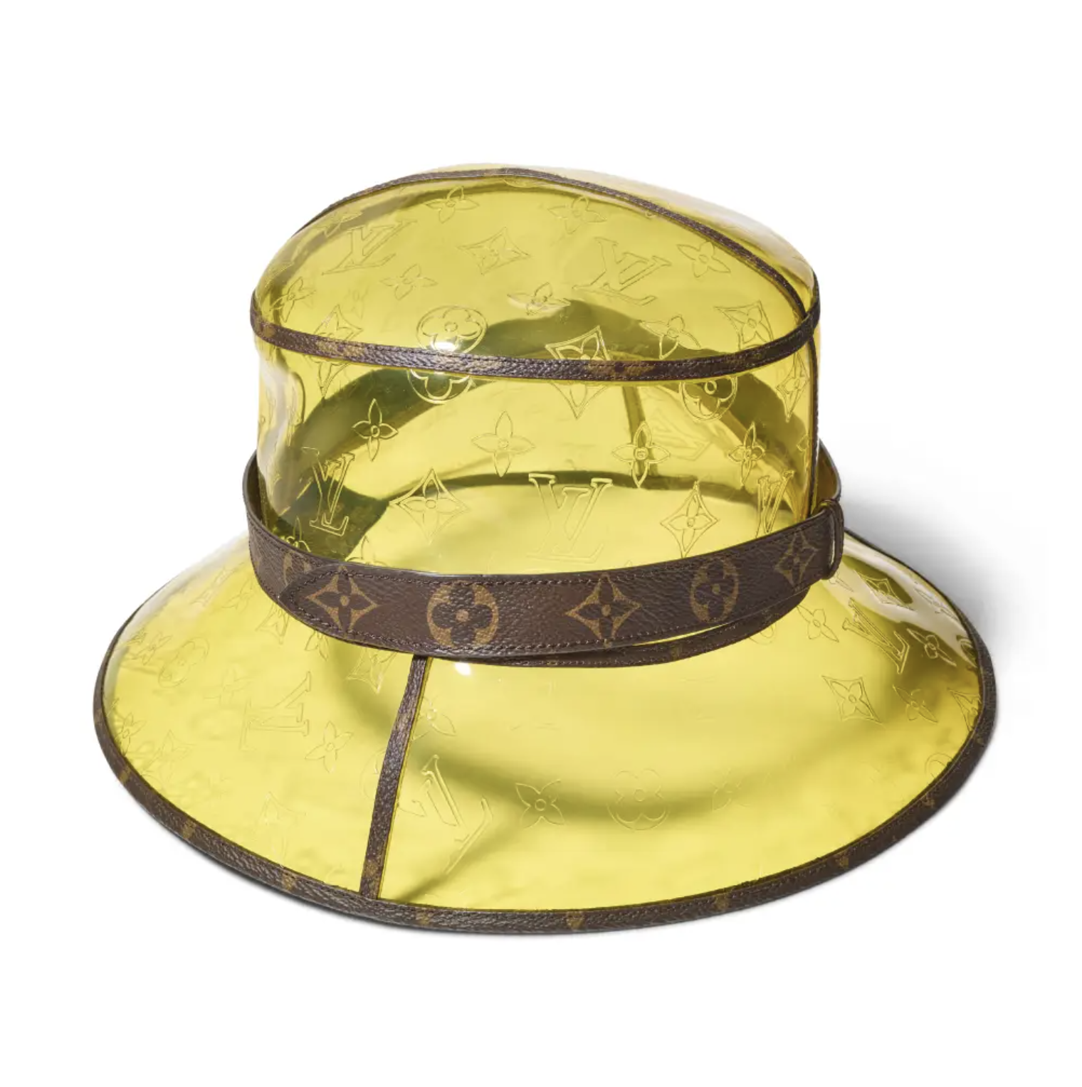 A yellow transparent bucket hat with a brown leather band featuring the Louis Vuitton monogram pattern.