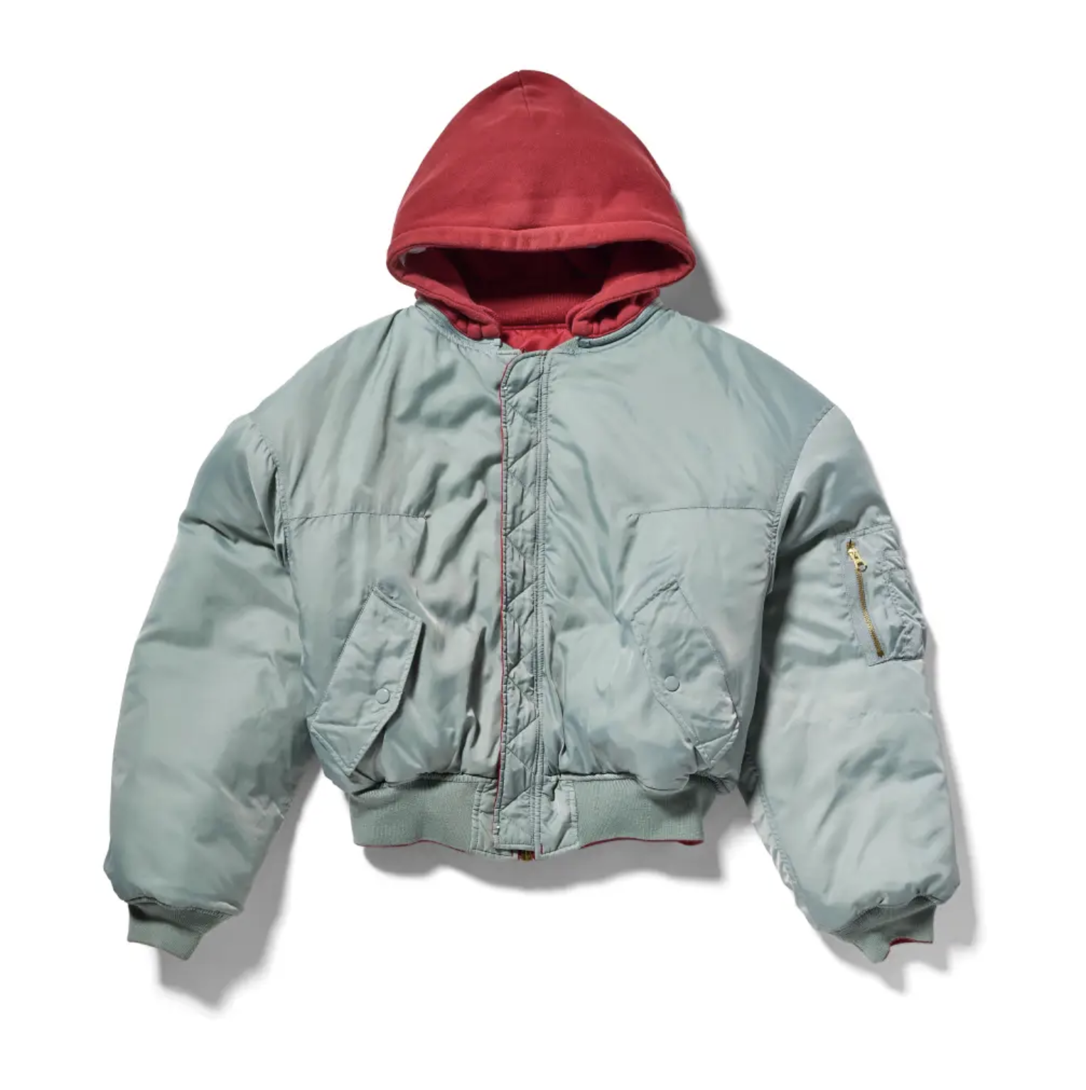 A red hooded jacket with a gray body and zipper pockets.