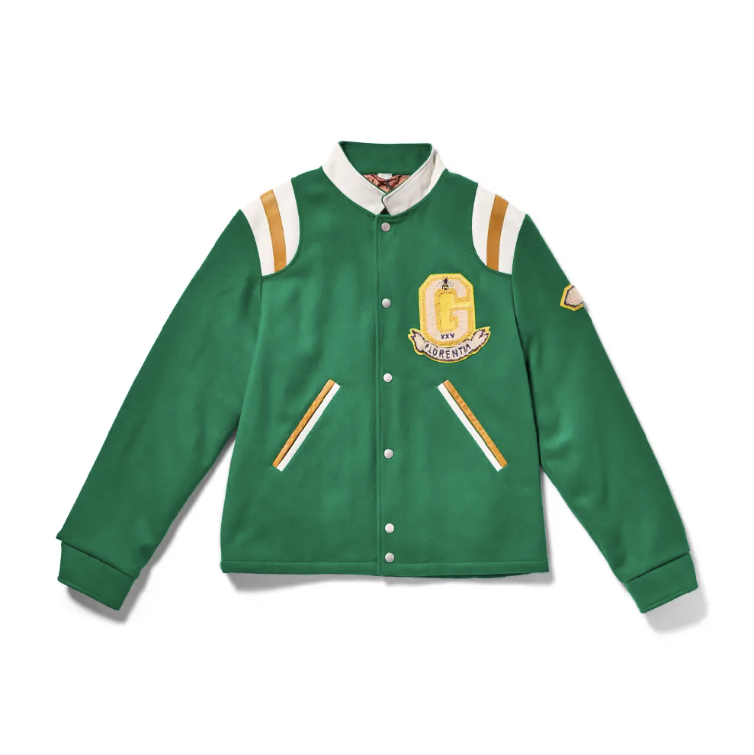 Green and white varsity jacket with "G" logo and yellow stripes on the sleeves.